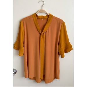 Mustard Tie Neck Blouse with Ruffled Sleeves L/XL